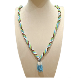 Spiral of bright blues and greens beaded necklace
