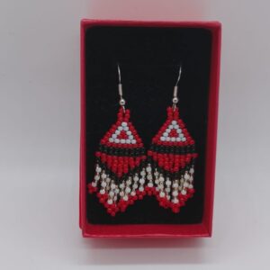 Red and white handmade beaded earrings by Lundayeh