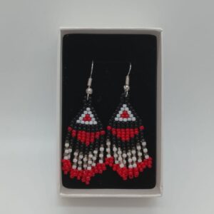 Red, black and white handmade beaded earrings by the Lundayeh