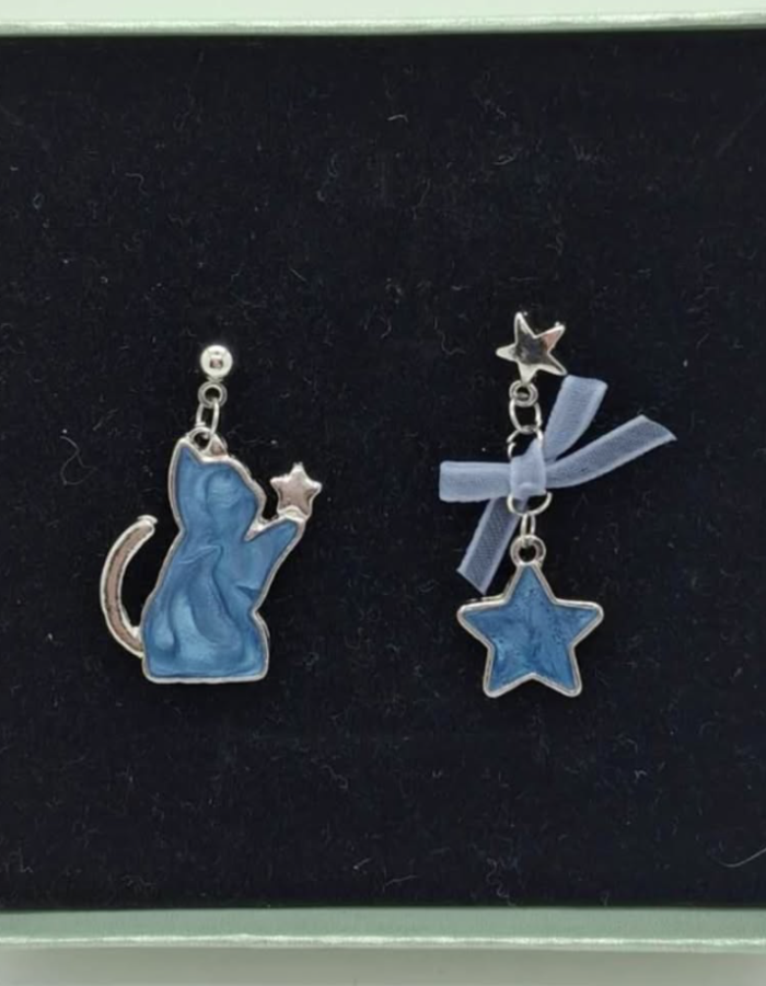 Assymetrical earrings of cat and star