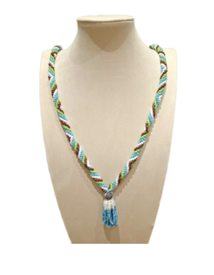 Spiral of bright blues and greens beaded necklace