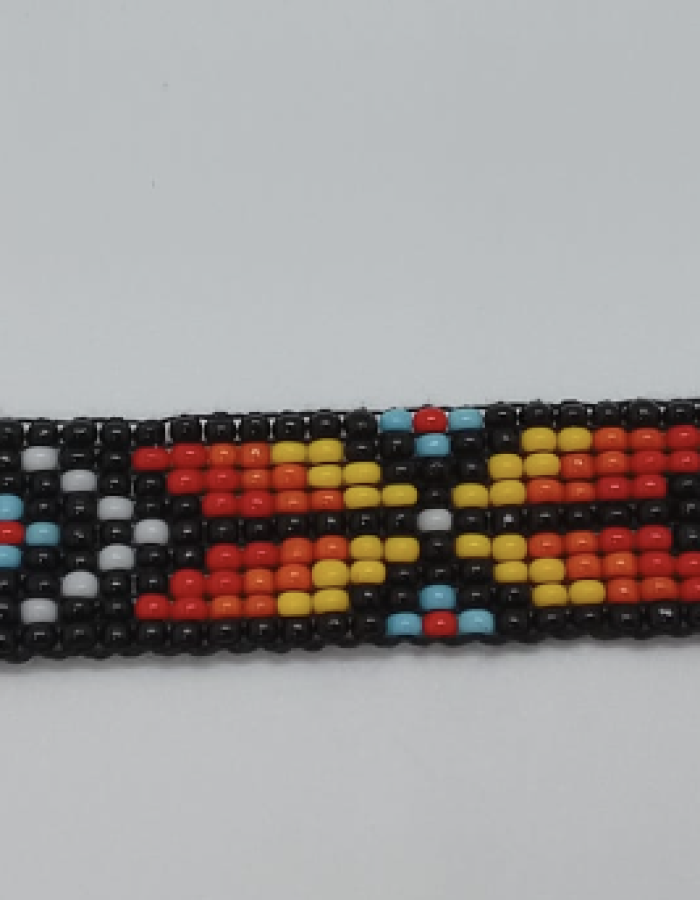 Bracelets of white, orange, light blue, yellow, red, black.