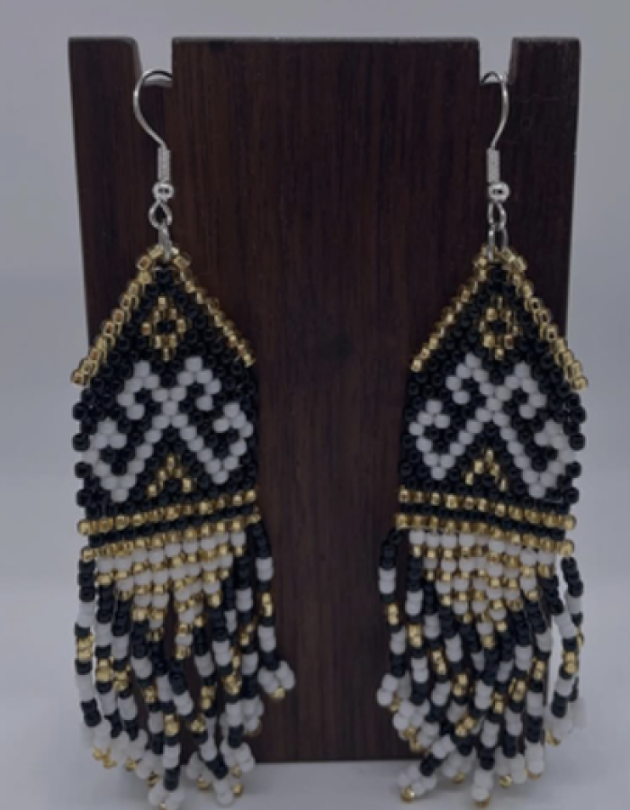 Gold, black with white motif earrings