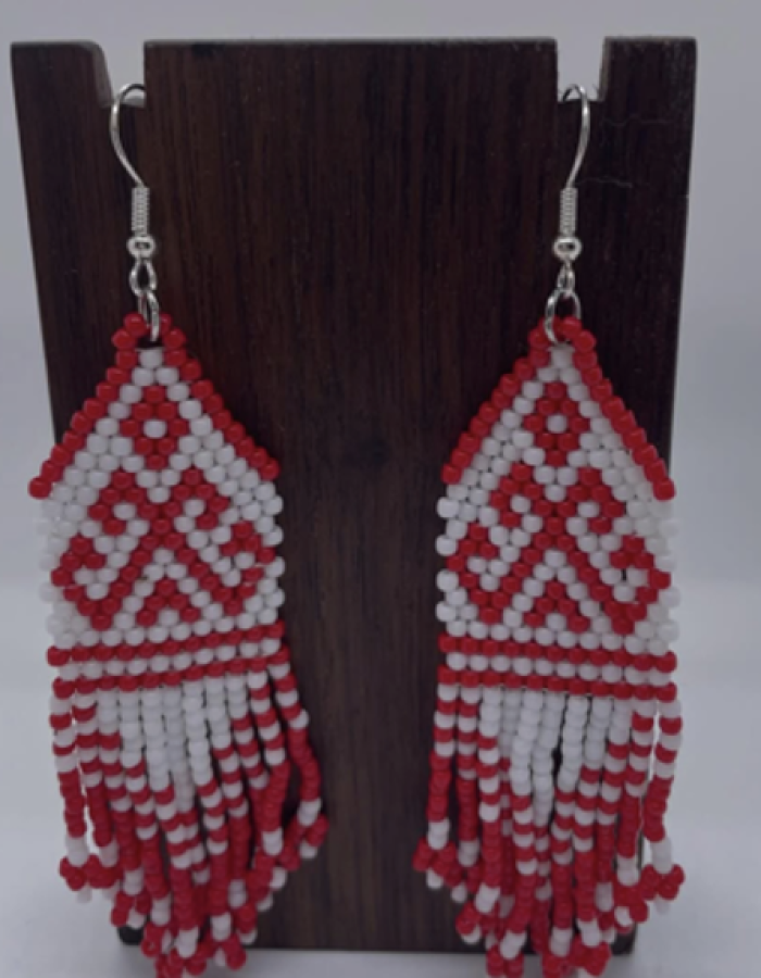 Dangling red and white earrings