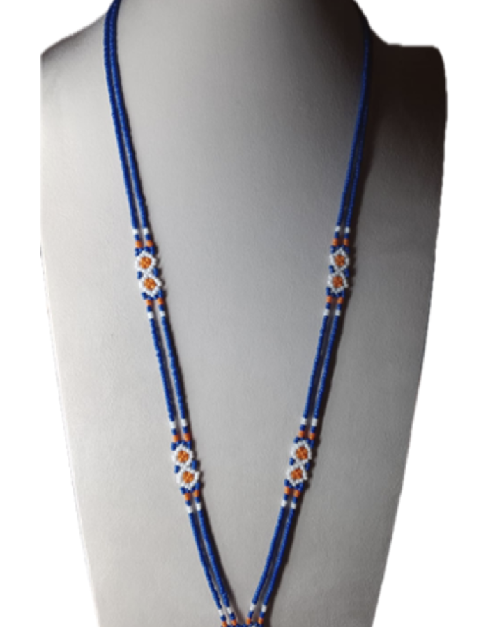 White vinusak with blue and orange necklace