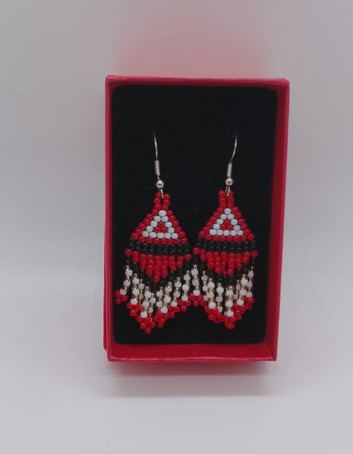 Red and white handmade beaded earrings by Lundayeh