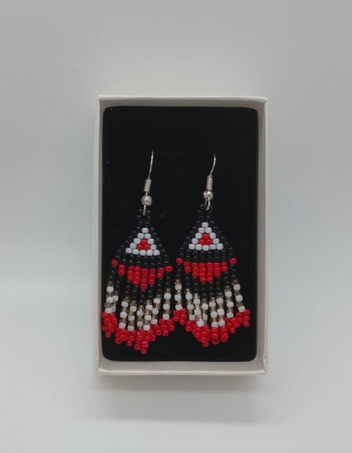Red, black and white handmade beaded earrings by the Lundayeh
